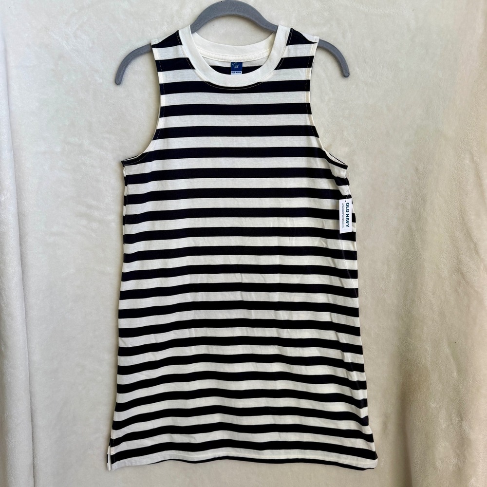 Old Navy Black Cream Striped Crew Neck Shift Dress Size XS NWT Cotton Knit Top